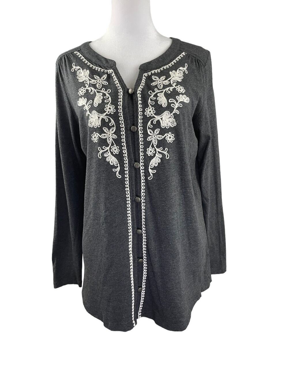 J Jill S Embroidered Button Up Knit Top Gray Long Sleeve Cotton/Modal Boho Tunic
